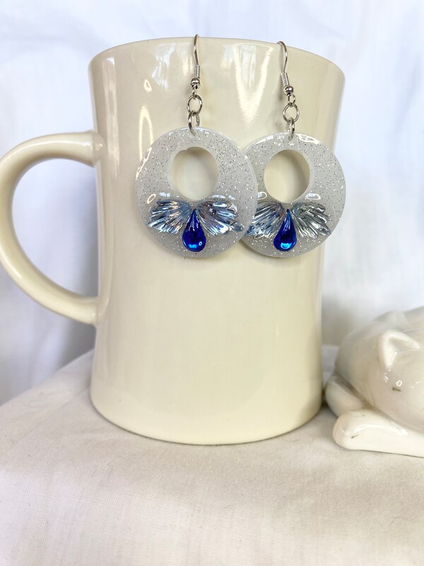 Silver and Blue Frosty Winter Circle Resin and Rhinestone Earrings